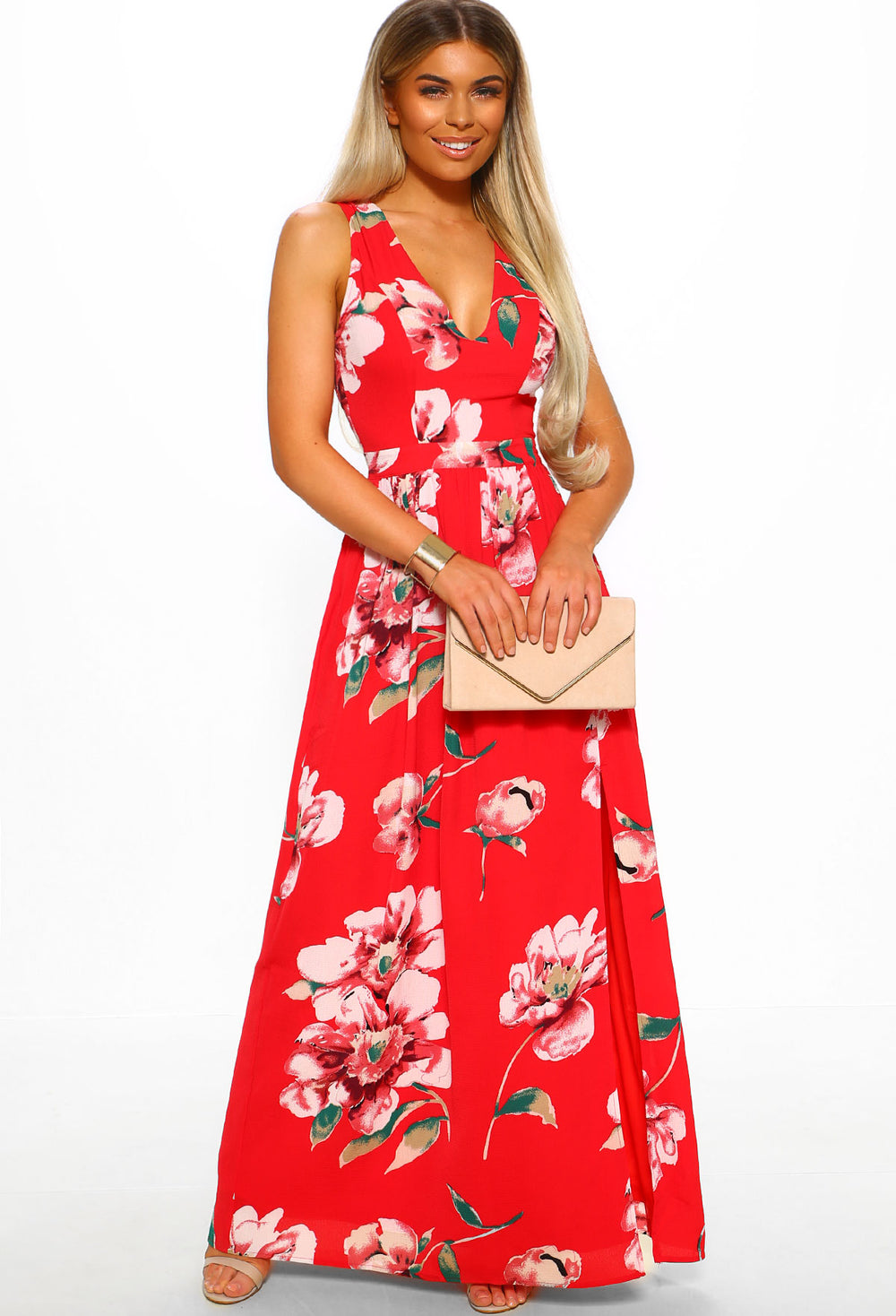 Majorca Beach Red Floral Maxi Dress ...